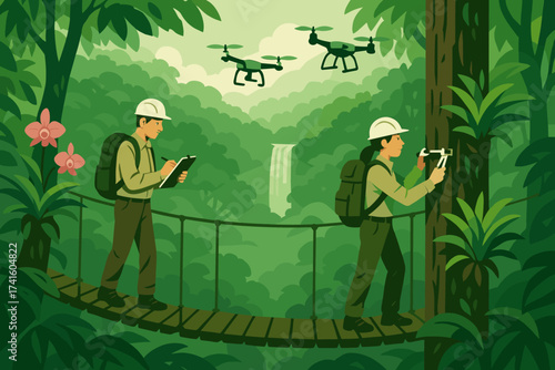 Scientists conduct research in a vibrant rainforest while using drones to monitor wildlife and vegetation amid lush greenery