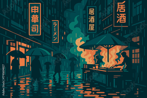 Rainy night scene in a vibrant Asian street market with people strolling under umbrellas
