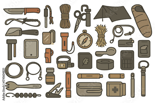 Outdoor camping gear including tools, light sources, and emergency supplies arranged neatly on a surface