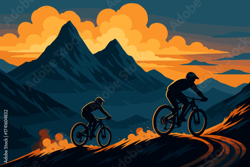 Mountain bikers riding at sunset with dramatic mountain silhouettes and colorful clouds in the background