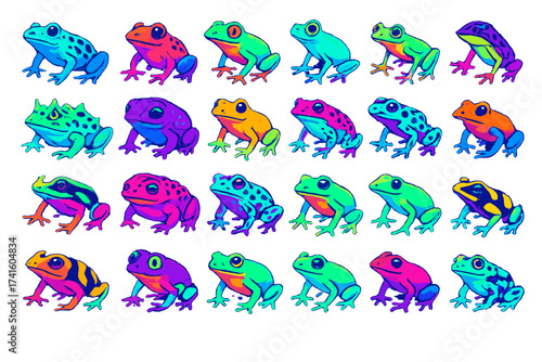 Colorful collection of frogs in various poses showcasing their unique patterns and vibrant hues