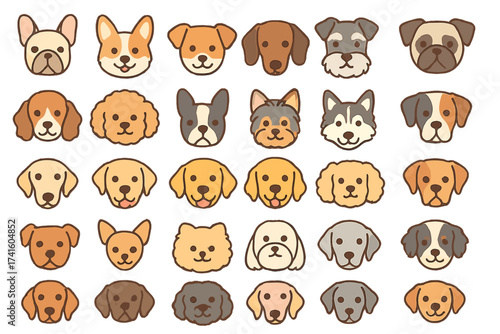 Collection of cartoon dog faces featuring various breeds in fun and playful designs