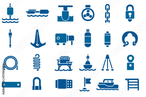 Various blue marine and nautical icons showcasing equipment and tools for water activities and safety measures on a white background