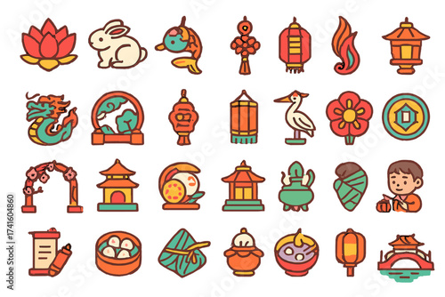 Colorful collection of traditional symbols and characters in a festive design celebrating cultural heritage and nature