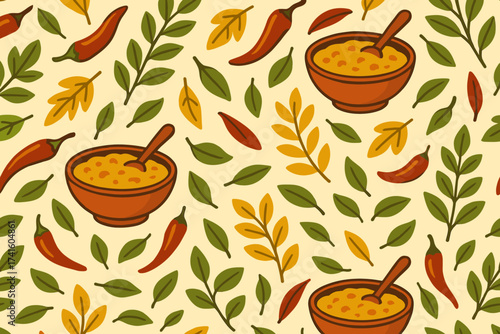 Colorful decorative pattern featuring bowls of soup and leaves in warm tones