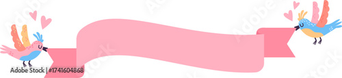 Cute cartoon love birds holding a pink ribbon banner
