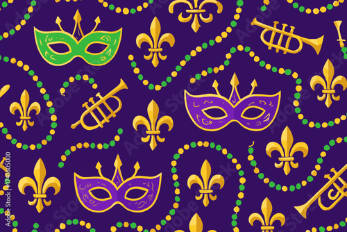 Vibrant and festive pattern featuring masks, beads, and trumpets in a colorful design perfect for new year's celebrations