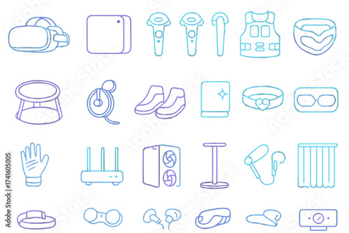 Virtual reality accessories and equipment arranged in a neat grid layout for gaming and immersive experiences