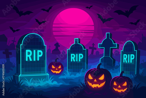Halloween night scene with glowing gravestones, jack-o'-lanterns, and bats under a full moon