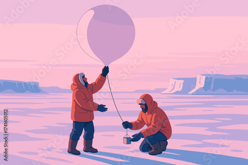 Scientists launch a weather balloon in a snowy landscape during early morning light