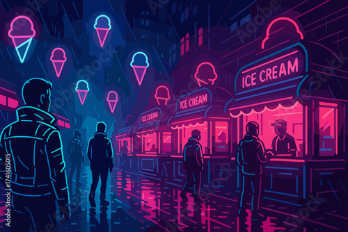 Nighttime scene of people enjoying ice cream from colorful stands in a vibrant urban setting