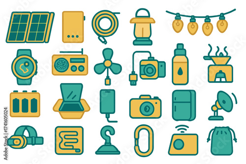 Collection of colorful icons representing essential outdoor and camping gear and gadgets