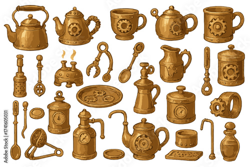 Various steampunk kitchen utensils and tools showcasing intricate designs and mechanisms in a vintage style