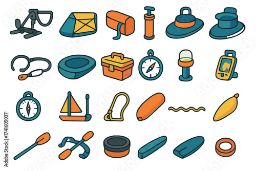 Tools and accessories for outdoor activities and adventure sports in a colorful collection