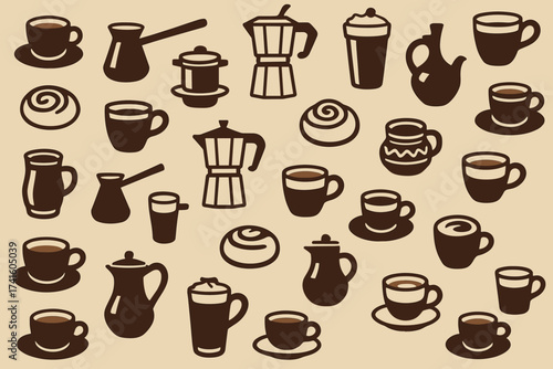 Collection of coffee-related icons showcasing different brewing methods and beverages on a simple background