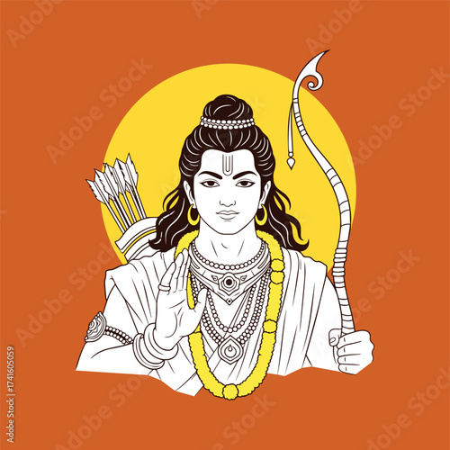 Detailed line art portrait of Lord Rama, the seventh avatar of Vishnu, holding his bow, offering the Abhaya Mudra (fearlessness gesture) against a bright sun background.