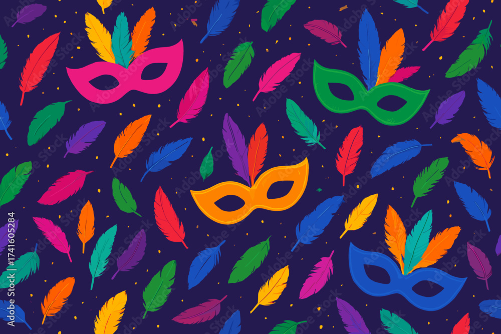 Naklejka premium Colorful masks and feathers create a festive atmosphere during a carnival celebration