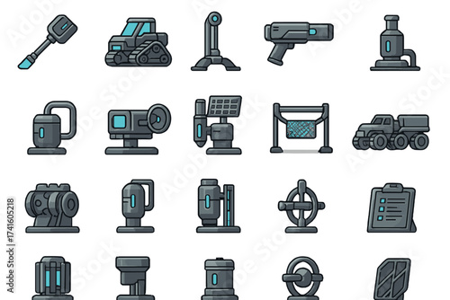 Collection of construction and technology icons featuring tools and machinery in a simple design