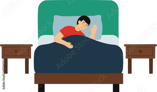 Man sleeping peacefully in bed with bedside tables and green headboard vector illustration 