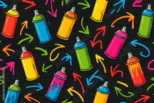 Colorful spray paint cans and arrows create a lively urban mural background in a street art scene