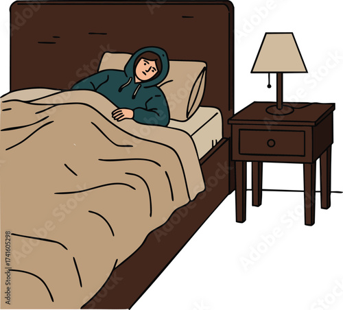 Person resting in bed under brown blanket with nightstand and lamp in cozy bedroom scene vector illustration 
