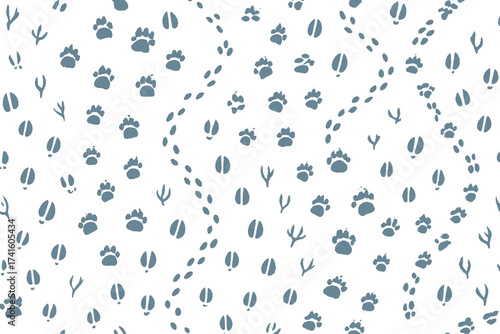 Tracks of various animals across a white background showcasing nature's footprints from different species in a vibrant pattern