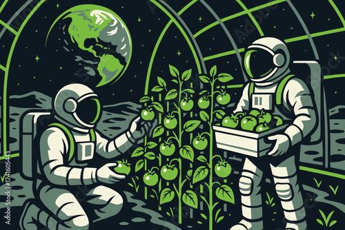 Astronauts harvesting green apples in a lunar greenhouse while Earth looms in the background