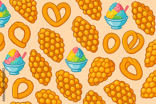 Colorful assortment of sweet treats featuring churros, boba, and shaved ice in a fun design