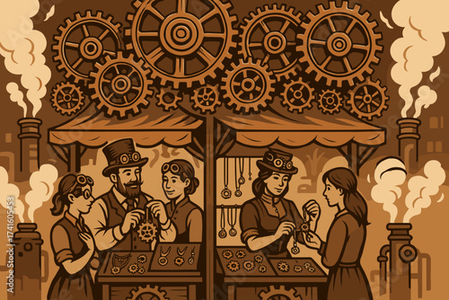 People engaged in crafting steampunk jewelry at a vintage market with gears and steam in the background