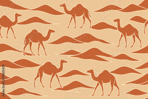 Desert landscape with silhouettes of camels against rolling sand dunes during sunset