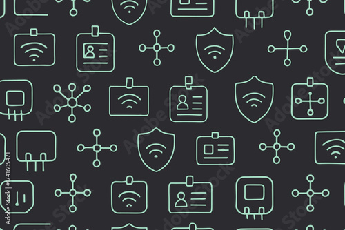 Digital network and security icons arranged in a modern pattern on a dark background
