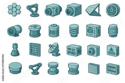 Collection of various mechanical parts and components used in engineering and technology