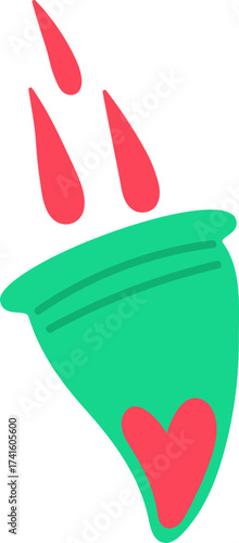 Green menstrual cup with red heart and drops