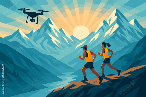 Mountain runners enjoying a scenic sunrise while a drone captures their adventure