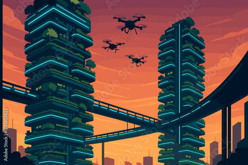 Futuristic cityscape with drone activity at sunset featuring green skyscrapers and elevated highways