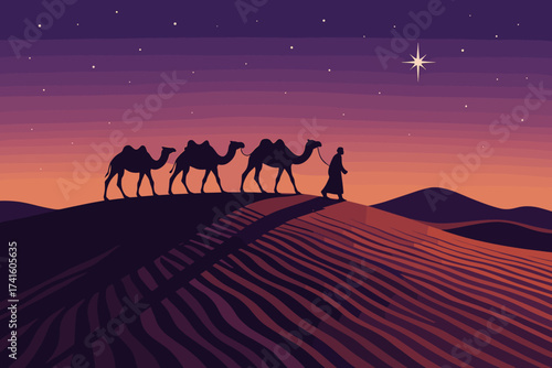Camels trekking across sand dunes under a starlit sky at dusk in the desert