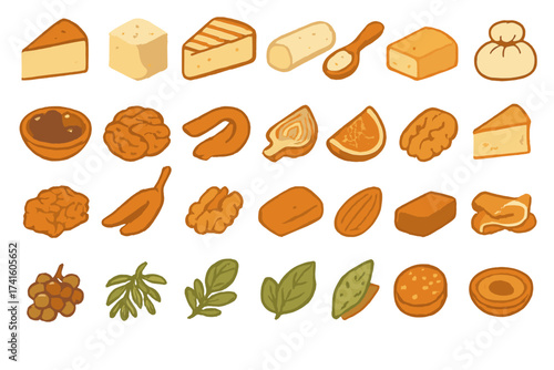 Variety of colorful food items including cheeses, nuts, and fruits displayed in a neat arrangement