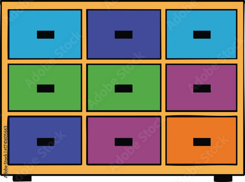 Multicolored drawer cabinet with nine compartments in simple vector illustration design
