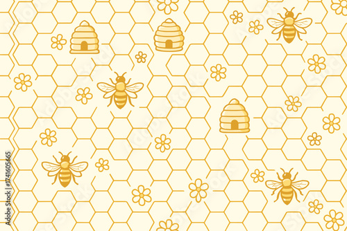 Bee pattern design with honeycombs and flowers in warm tones on a light background