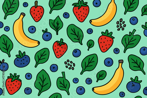 Colorful assortment of fruits and greens on a light green background with playful illustrations of berries, bananas, and leaves