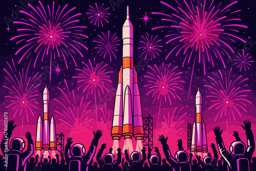 Celebration of a rocket launch with fireworks and people cheering during a night sky event