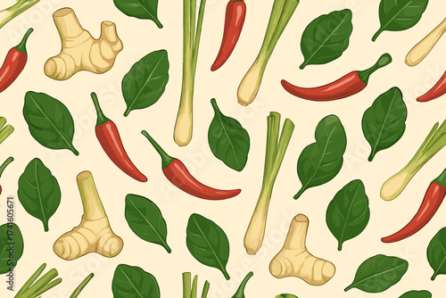 Colorful pattern of herbs and spices on a light background for culinary inspiration and decoration