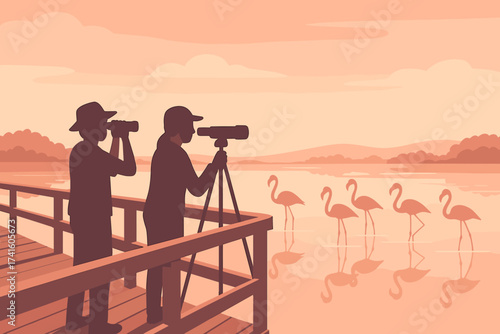 Birdwatchers observe flamingos at sunset near a serene lake surrounded by lush hills