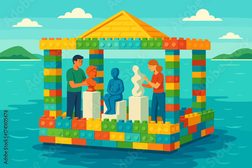 Creative artists sculpting colorful figures at a vibrant outdoor art studio on calm waters