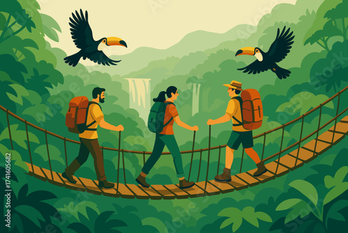 Hikers crossing a suspension bridge in a lush jungle with toucans flying overhead