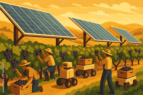 Workers harvest grapes in a field with solar panels at sunset, showcasing sustainable agriculture practices