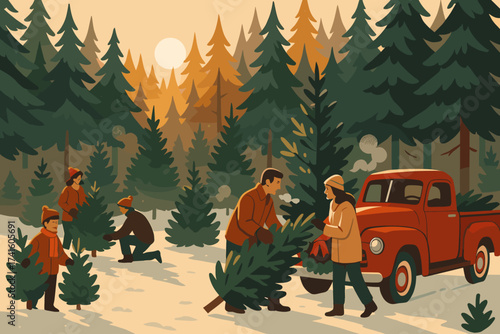 Families enjoying a festive day while selecting Christmas trees in a snowy forest at sunset