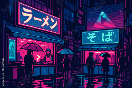 Night scene of a vibrant street market with noodle shops in rain-soaked urban setting