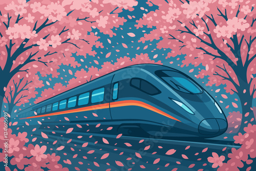 Train travels through cherry blossom trees in spring as petals float in the air