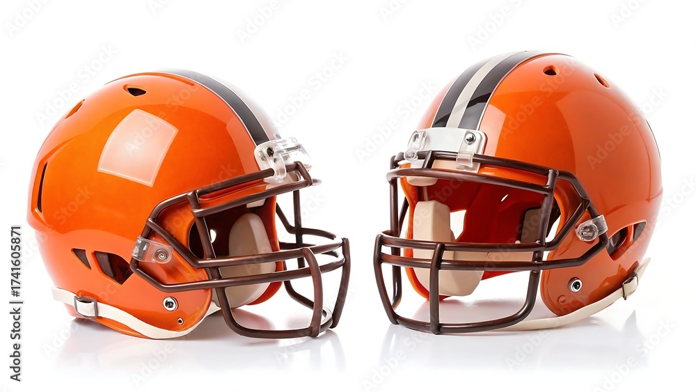 Fototapeta premium Two gleaming orange american football helmets facing each other